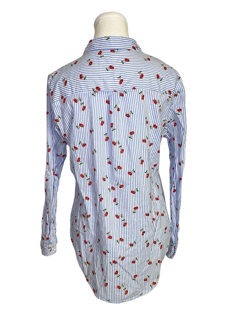 Love Notes Blue White Striped Cherry Print Button-Down Shirt Size M - Picture 2 of 15